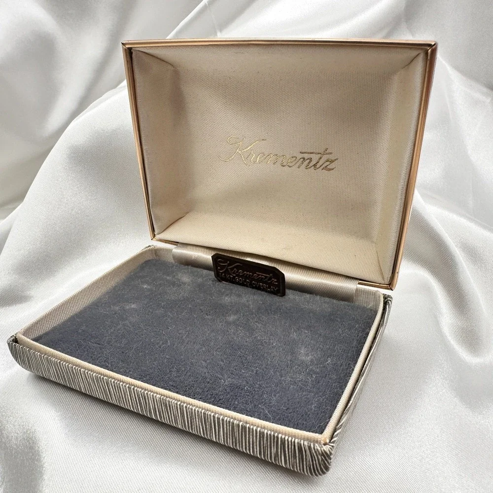 Vintage 80s Krementz Grey Textured Silk Presentation Box Gold Tone Trim Jewelry